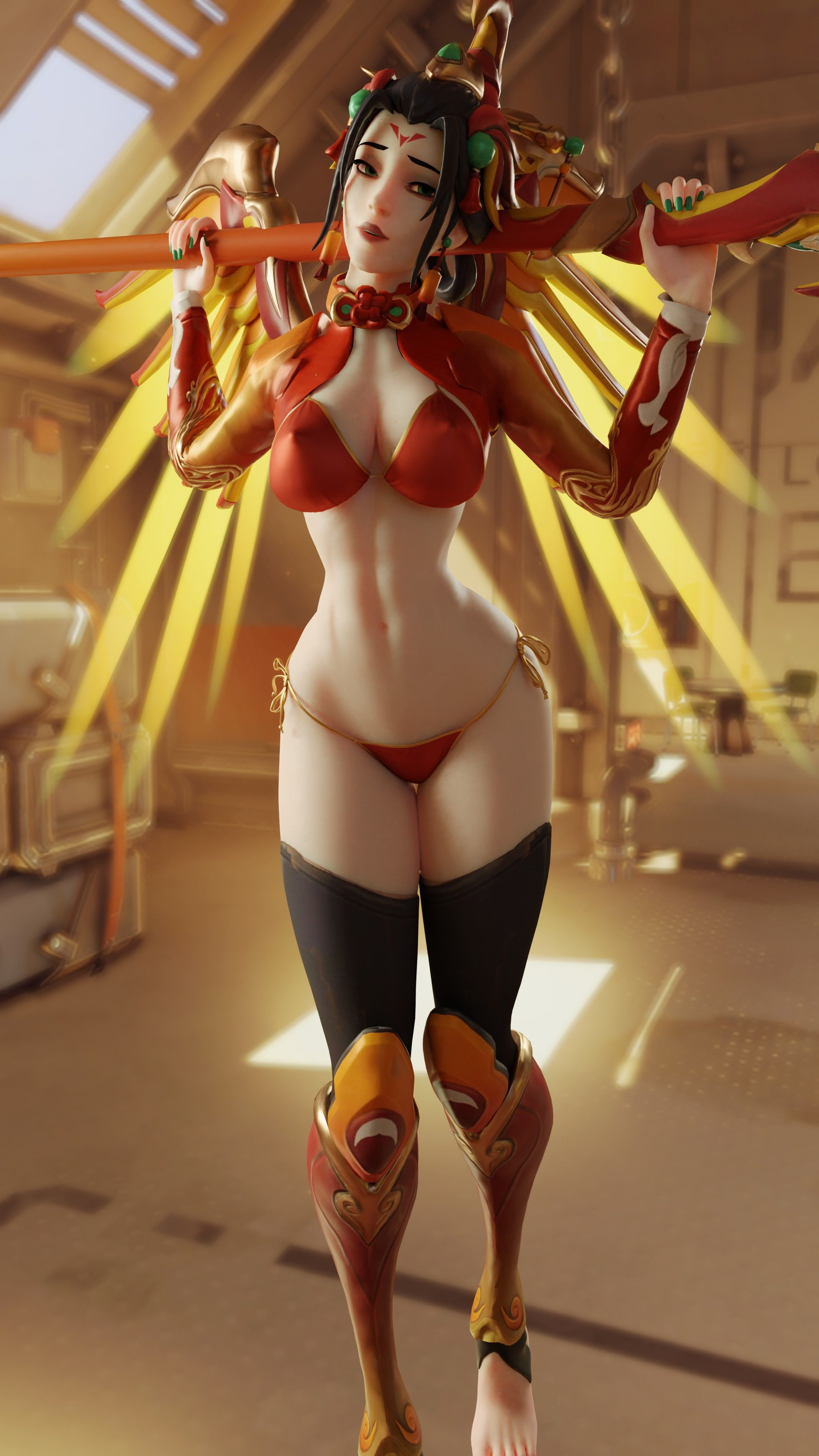 1girls, 3d, absurd res, absurdres, alternate costume, arhoangel, bikini, black hair, black legwear, blender, blizzard entertainment, breasts, female, female only, green eyes, high res, high resolution, highres, lipstick, lunar new year, lunar new year series, mercy, midriff, oppai, overwatch, red lipstick, side-tie bikini, stockings, temple of anubis (map), thigh highs, thighhighs, year of the dog, zhuque mercy
