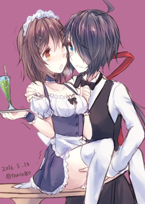 2016 2girls :d :o ahoge alternate_costume apron black_bow black_bowtie black_hair black_vest blue_dress blue_eyes blush bow bowtie breasts butler cleavage collarbone collared_shirt cowboy_shot crossdressing cup dated dress drinking_glass enmaided female fingering furutaka_(kantai_collection) hair_ornament hairclip hand_on_another's_shoulder hug kabocha_torute kako_(kantai_collection) kantai_collection long_sleeves maid maid_headdress motion_lines multiple_girls open_mouth parted_lips purple_background shirt short_hair simple_background sitting_on_table smile standing table thighhighs tray trembling waist_apron white_apron white_legwear white_shirt wing_collar wrist_cuffs yuri