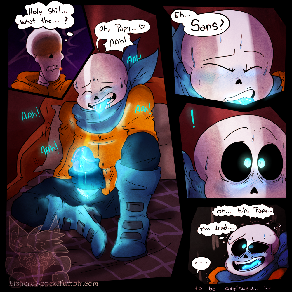 bed blue_eyes blue_sans_penis blue_sans_tongue blush bone closed_eyes comic dialogue gay heart implied_incest lizheru_(artist) male male_only masturbation meta_request orgasm papyrus_au penis sans sans_au sans_blush sans_eye sans_glowing_eye sans_penis sans_tongue sitting skeleton sweat text tongue undertale video_games