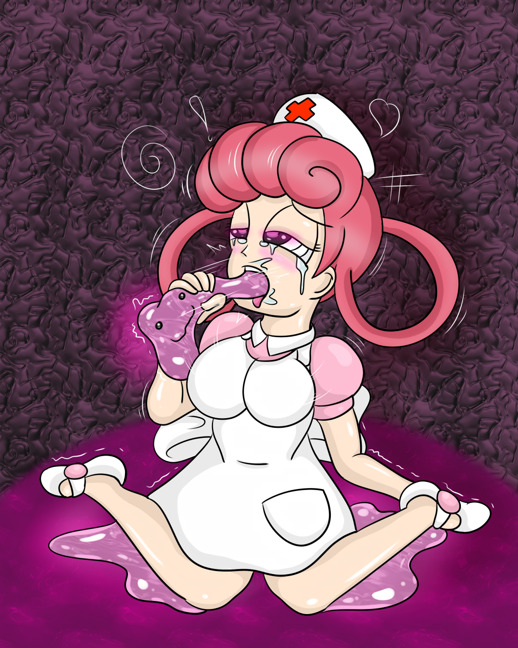 black_sclera breasts clothes ditto female female_only femsub glowing_eyes hair nintendo nurse_joy oral pink_eyes pink_goo pink_hair pokemon pokemon_(species) slime slime_monster smile unbirth unbirthing video_games vore