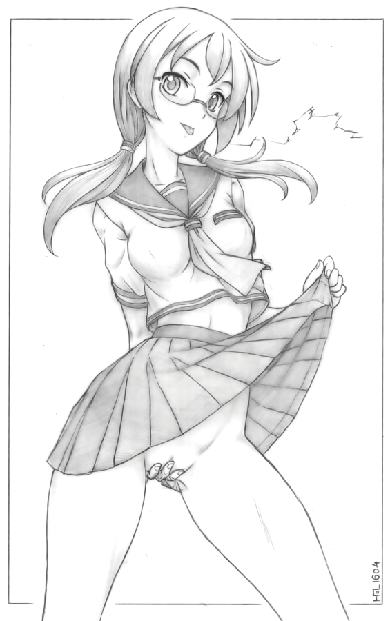 :p clothing covering covering_crotch female glasses harumachi_nagaaki isone_kotoha low_twintails monochrome no_panties pussy_juice school_uniform serafuku skirt skirt_lift solo tied_hair tongue tongue_out twintails yozakura_quartet