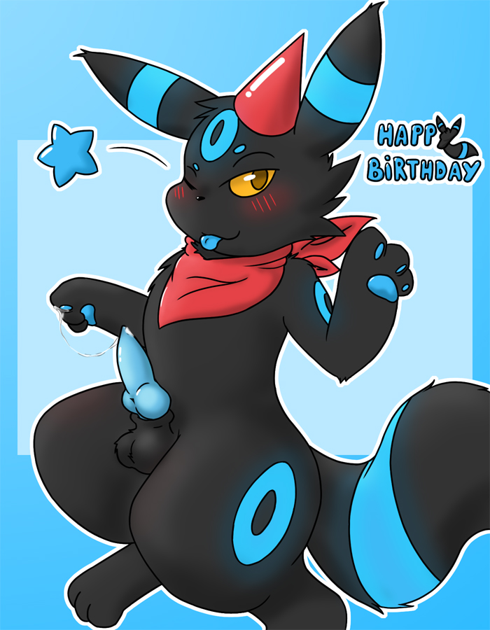 birthday eeveelution feral fur furry_ears furry_tail male male_only maxi_meow nintendo penis pokemon pokemon_(species) precum shiny solo tail umbreon video_games