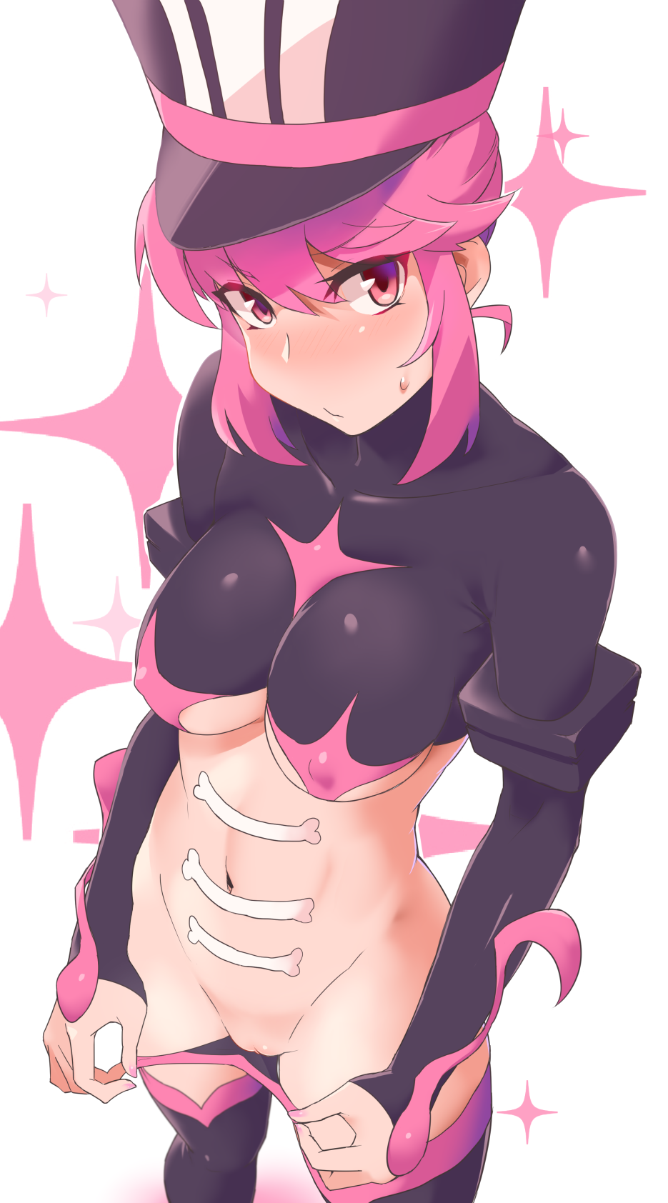 1girls blush breasts cleavage erect_nipples female female_only hips hourglass_figure jakuzure_nonon kill_la_kill looking_at_viewer minakami navel nipple_bulge panty_pull pink_eyes pink_hair pussy shako_cap solo sweat sweatdrop symphony_regalia thighhighs thighs underboob undressing vagina voluptuous