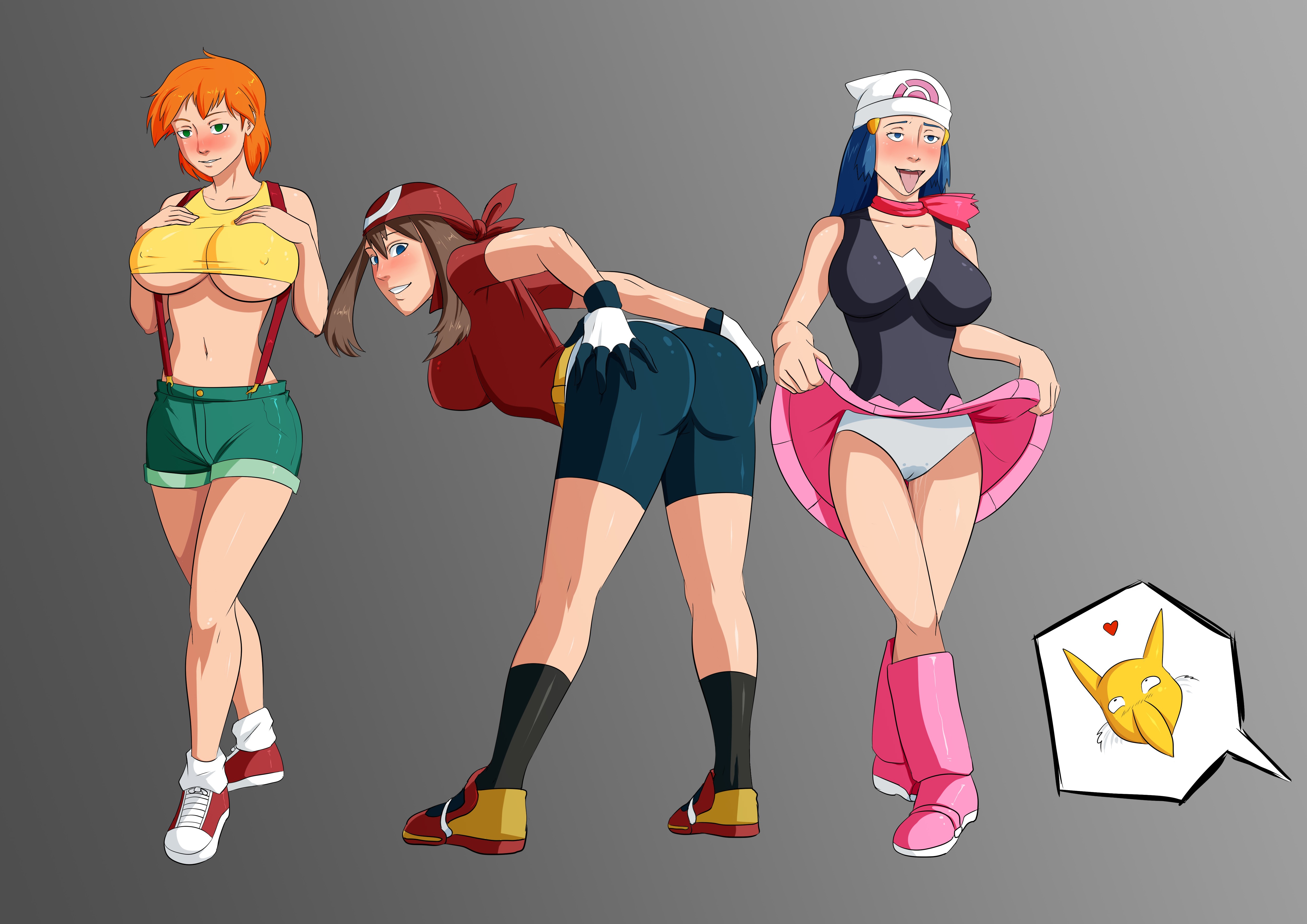 3girls, ambiguous gender, ass, ass grab, bandanna, bare shoulders, bent over, bike shorts, blue eyes, blue hair, blush, boots, breasts, brown hair, collarbone, dawn (pokemon), drooling, empty eyes, erect nipples, female, female focus, femsub, gloves, green eyes, grin, hair, hair down, hat, headgear, heart, human, hypno, hypnosis, kasumi (pokemon), large breasts, long hair, looking back, may (pokemon), mind control, multiple females, multiple girls, multiple subs, naughty face, nintendo, nipples, oo sebastian oo, open mouth, orange hair, panties, pokemon, pokemon (species), pokephilia, pussy, pussy juice, saliva, scarf, shiny, shiny clothes, shiny hair, shiny skin, shoes, short hair, short shorts, shorts, sideboob, skirt, skirt hold, skirt lift, smile, sneakers, tongue, tongue out, underboob