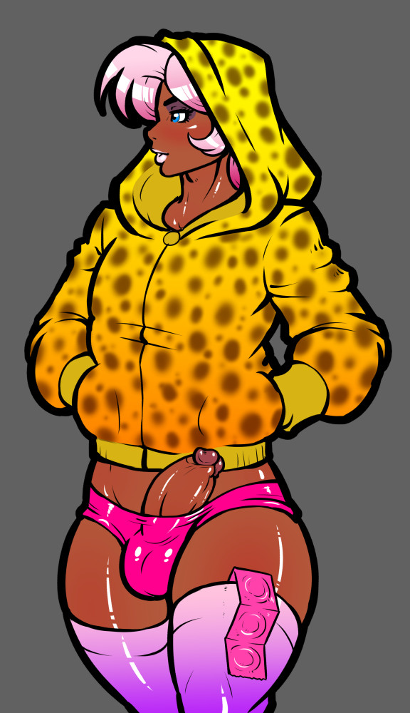 1boy, androgynous, balls, balls in panties, bimbo, blue eyes, condoms, crossdressing, dark skin, dark-skinned femboy, dark-skinned male, demien, erection, eyeshadow, femboy, girly, hoodie, lipstick, makeup, male, male only, penis, penis in panties, pink hair, thighhighs, trap