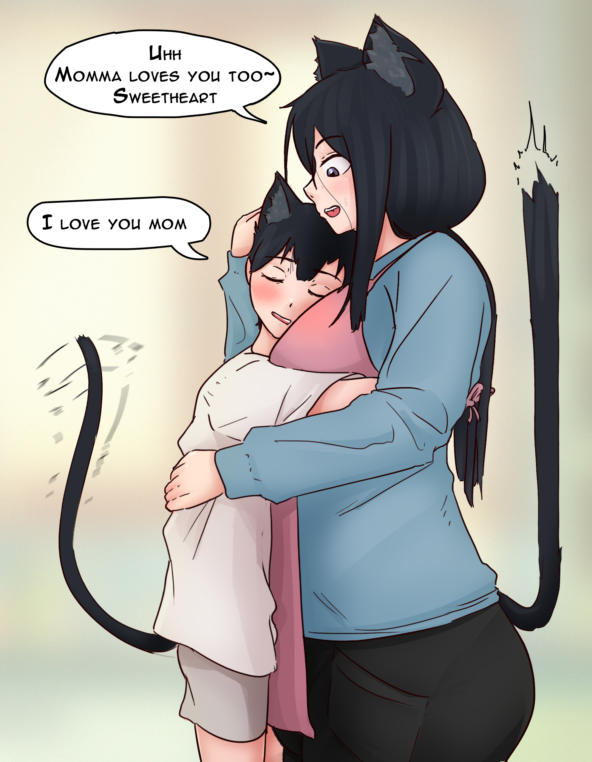 @yankll artist, 1boy, 1futa, 2024, black hair, cat ears, cat tail, female, femboy, futanari, hugging, intersex, male, milf, mother and son