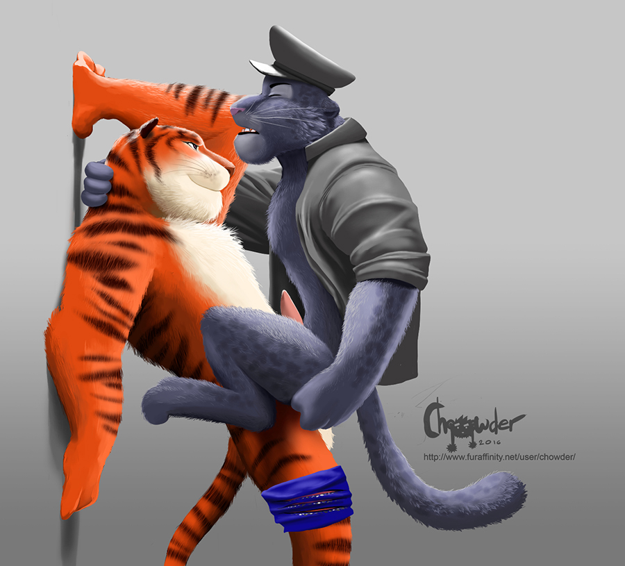 2boys anal anal_sex anthro balls black_jaguar chowder_(artist) clothed clothing disney duo erection feline furry furry_only gay lagomorph male male_only mammal no_humans panther penetration penis renato_manchas sex shorts stripes tiger tiger_dancer_(zootopia) yaoi zootopia