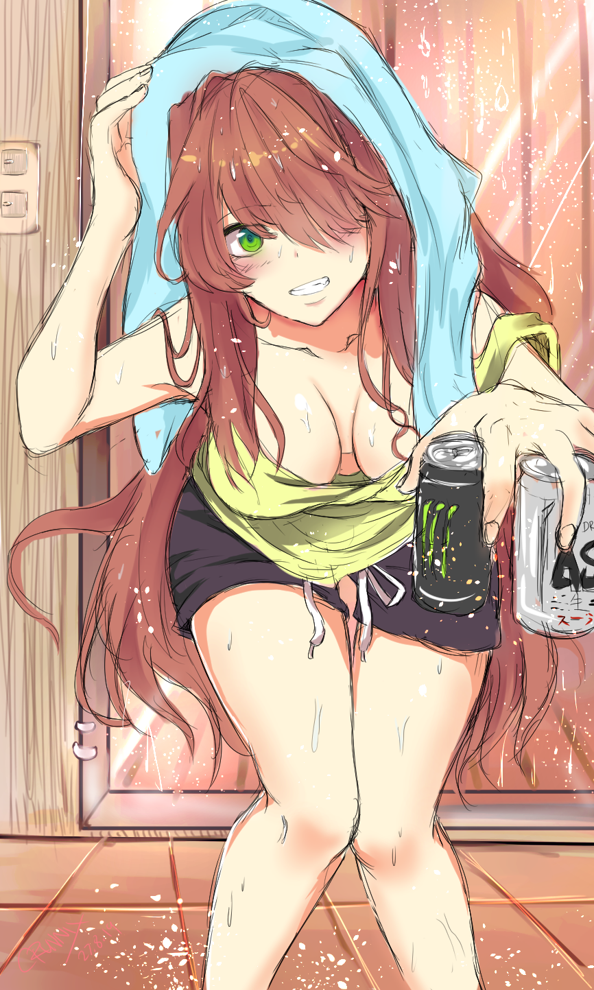 breasts can cans crunnix doki_doki_literature_club down_blouse drink green_eyes leaning leaning_forward long_hair monika_(doki_doki_literature_club) monster_(beverage) shorts