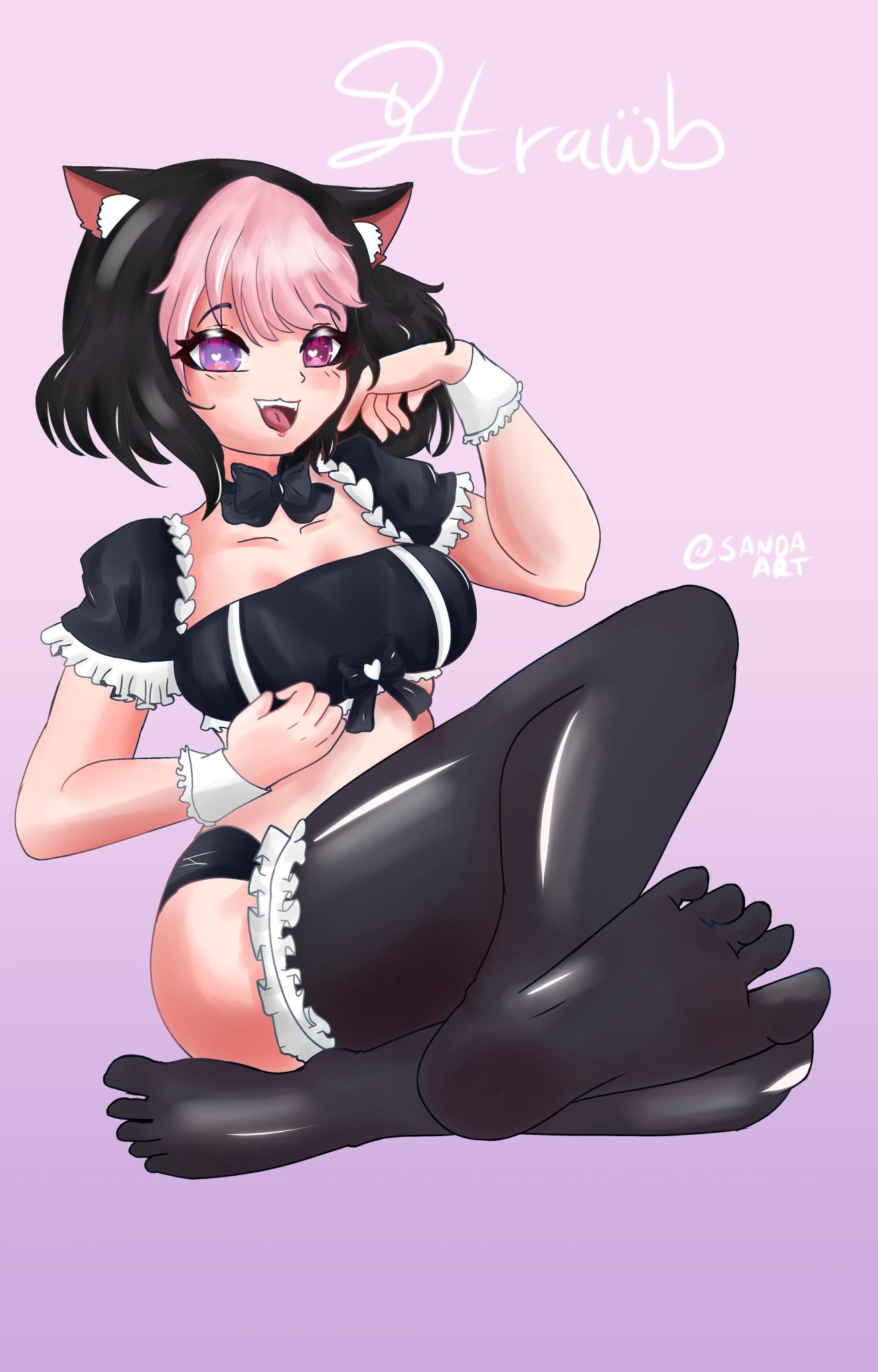 1girls animal_ears artist_name artist_request artist_signature black_legwear blue_eyes breasts cat_ears cat_girl catgirl darlingstrawb different_eye_color different_hair_color feet feet_focus female female_focus female_only heart heart-shaped_pupils heart_eyes large_breasts leggings maid maid_headdress maid_outfit maid_uniform no_shoes open_mouth open_mouth pink_background pink_eyes pink_hair thick_thighs thighhighs thighs virtual_youtuber vtuber wide_hips