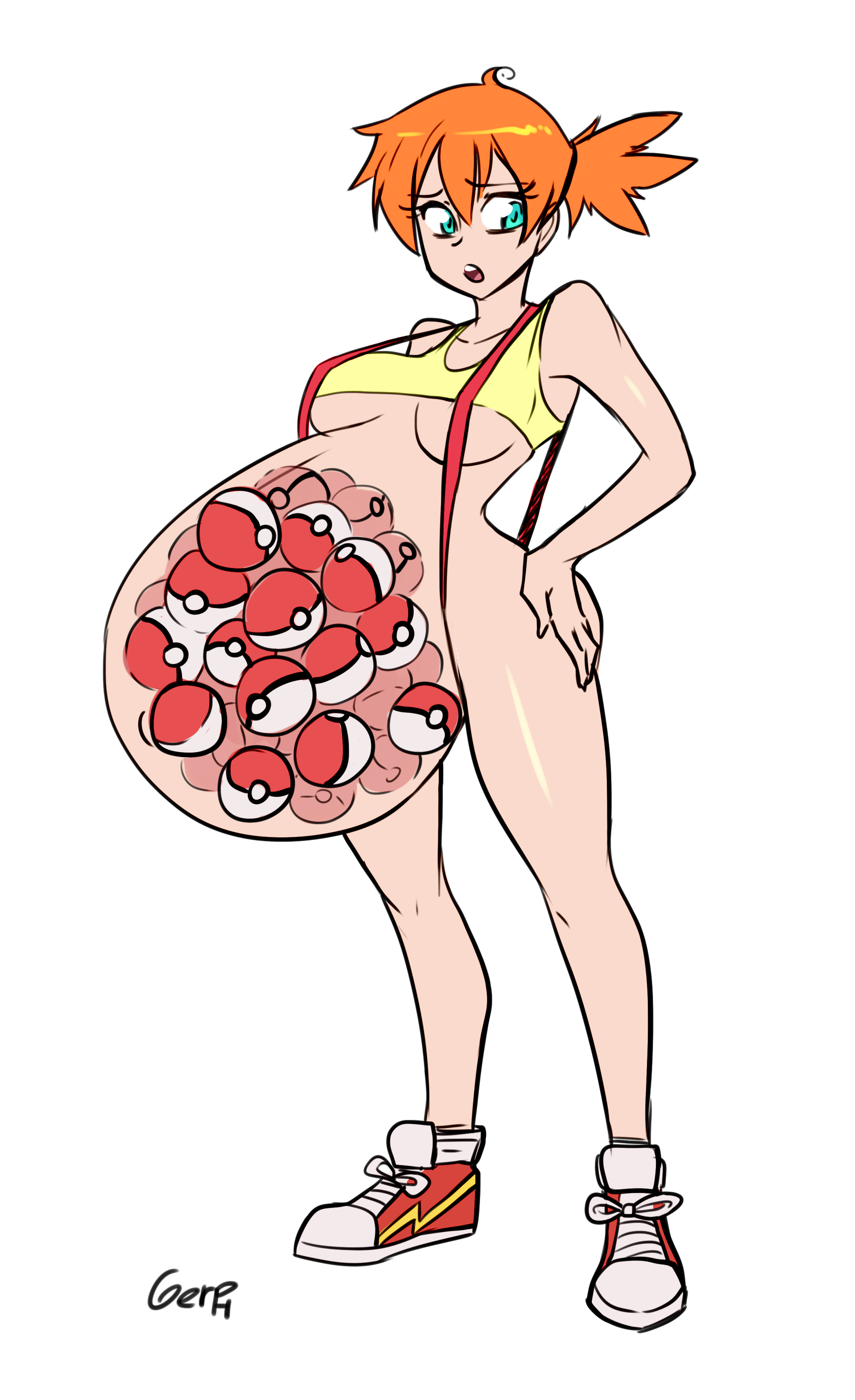 big belly, color, female, female only, gerph, huge belly, human, human only, kasumi (pokemon), nintendo, poke ball, poke ball insertion, pokeball in ass, pokemon, ready to pop, shoes, simple background, sneakers, solo, standing, vore, white background, x-ray