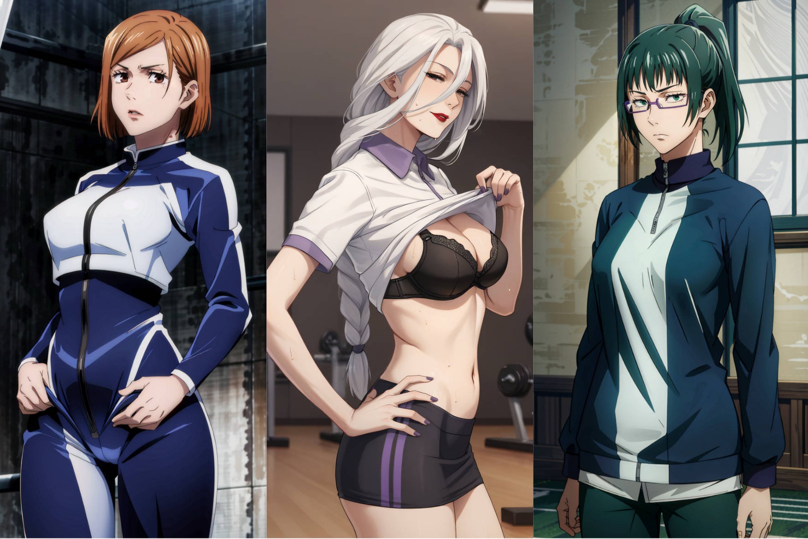 3girls, ai generated, female, female only, human, jujutsu kaisen, kugisaki nobara, mei mei (jujutsu kaisen), multiple females, multiple girls, sportswear, zenin maki
