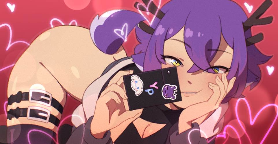 ass ass_up bottomless cellphone cleavage cleavage_cutout deer deer_ears deer_girl deer_horns deer_tail face_down_ass_up female_only horns horny_female looking_at_viewer mostly_clothed phone pinksaber purple_hair smile smug vtuber vtuberfanart yoqipudu