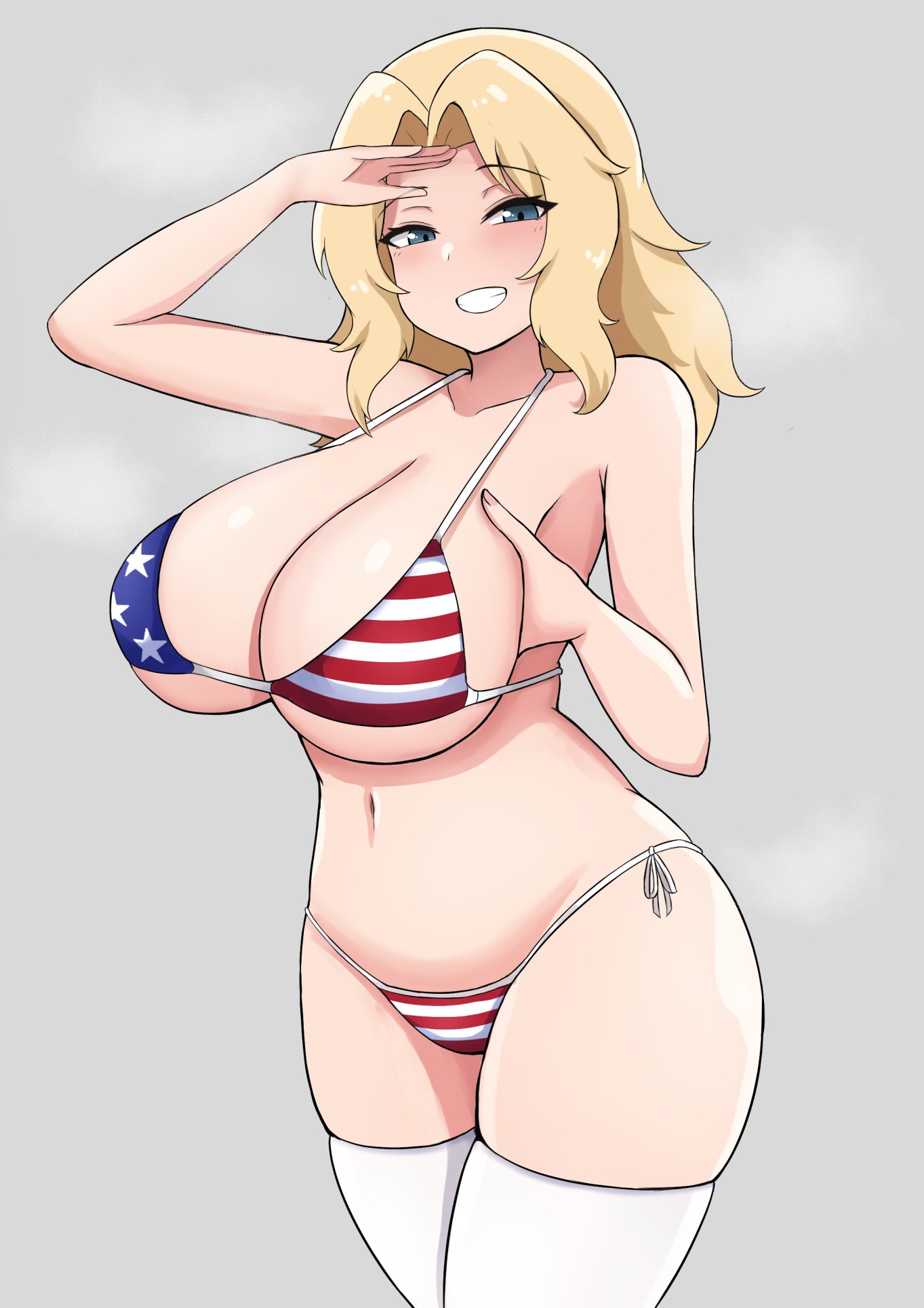 1girls, american flag bikini, bikini, blonde hair, blue eyes, breasts, cleavage, female, girls und panzer, hi res, huge breasts, kay (girls und panzer), large breasts, light skin, light-skinned female, long hair, naughty face, sleeptopi