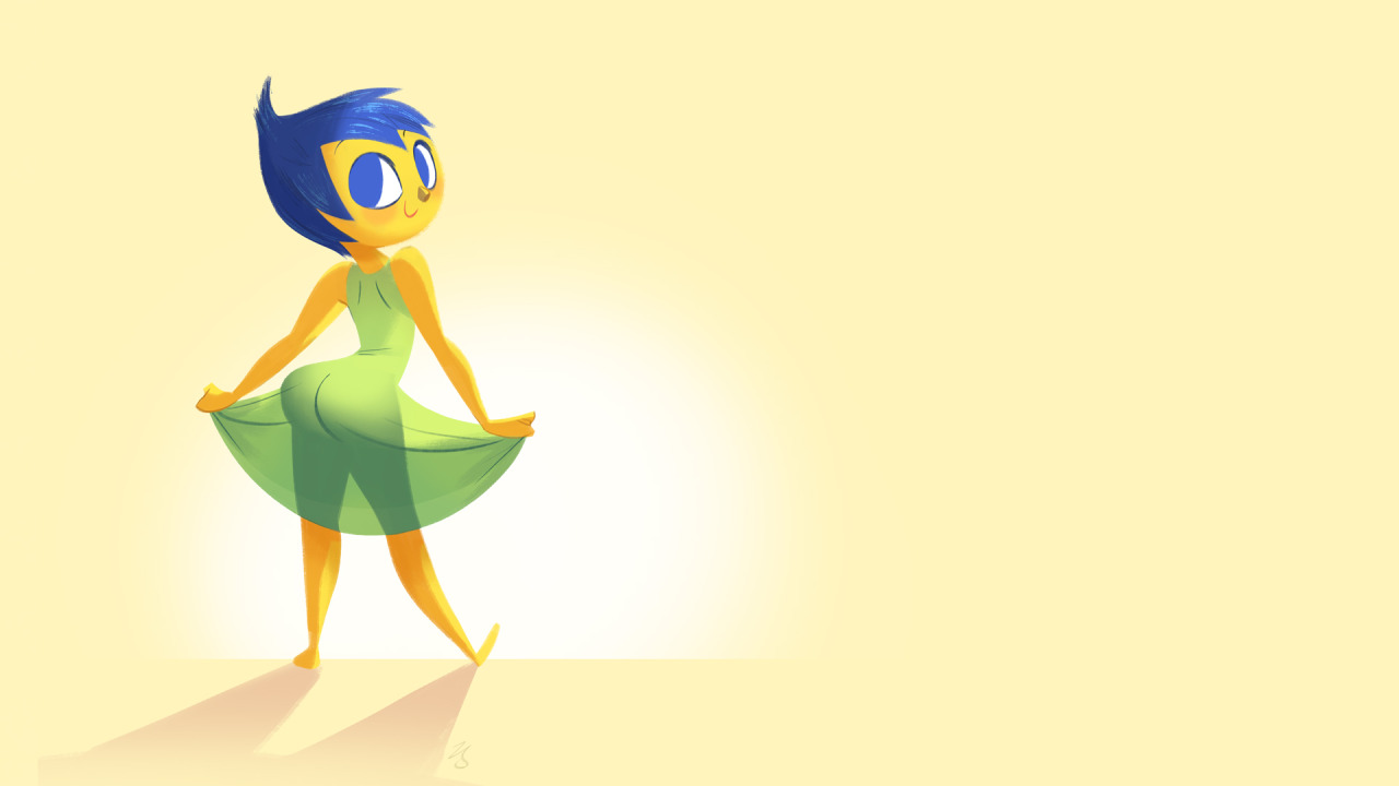 ass, blonde hair, blue eyes, blue hair, brokenlynx, disney, dress, female, female only, green dress, inside out, joy (inside out), pixar, see-through, smile, solo, yellow skin