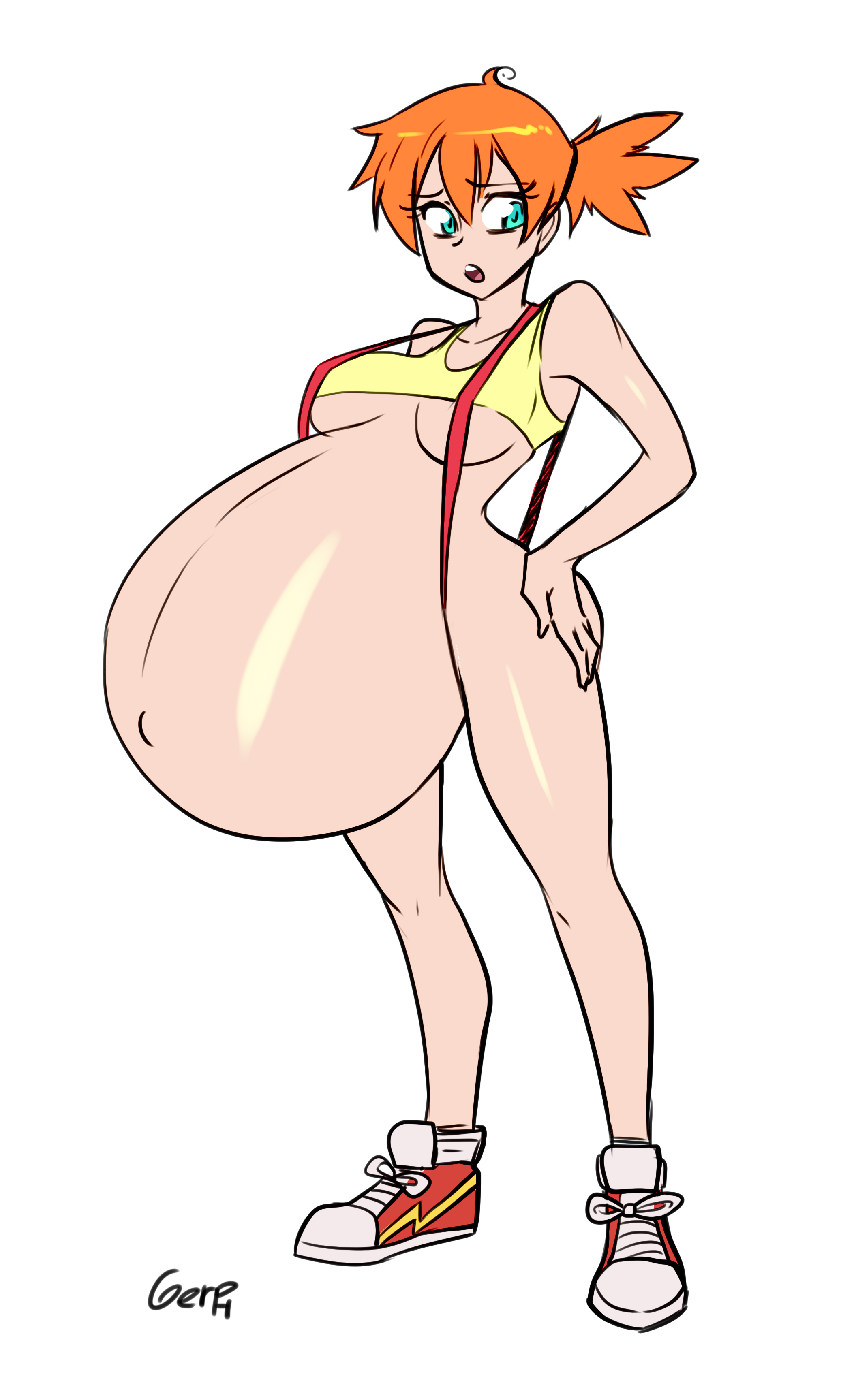 big belly, color, female, female only, gerph, huge belly, human, human only, kasumi (pokemon), nintendo, pokemon, ready to pop, shoes, simple background, sneakers, solo, standing, white background