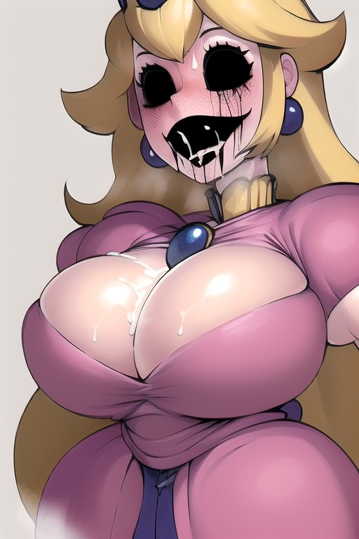 1girls ai_generated big_breasts blonde_hair blue_earrings blush breasts cleavage creepypasta crown cum cum_between_breasts cum_in_mouth cum_on_breasts demon demon_girl dress earrings empty_eyes entity female female_only long_blonde_hair long_hair mario_(series) nightmare_fuel nightmare_waifu open_mouth peach.exe pink_dress princess_peach royalty solo solo_female solo_focus super_horror_peach_(peach.exe) thighs wtf