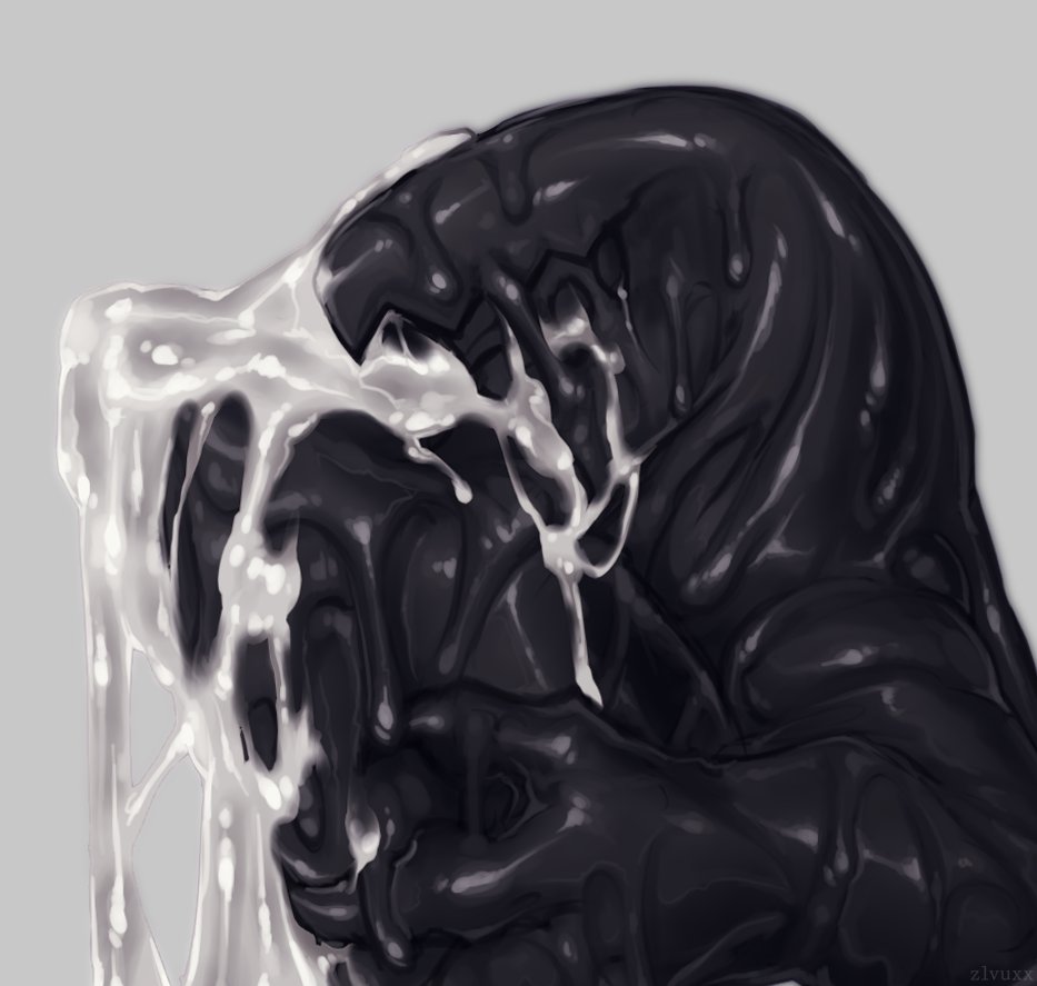 2022 big_penis black_body black_penis bodily_fluids claws cum cum_in_mouth cum_inside digital_media_(artwork) fingers genital_fluids genitals grey_background holding_own_penis huge_cock hyper hyper_genitalia hyper_penis latex latex_creature liquid_latex living_latex male masturbation open_mouth penile penile_masturbation penis simple_background solo zlvuxx