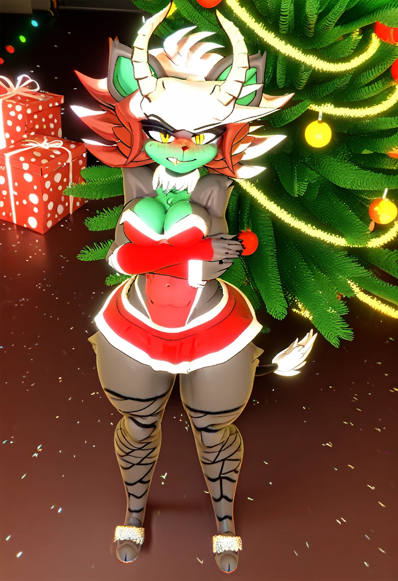 1girls 3d ai_generated anthro christmas_tree cleavage crossed_arms fangs fazclaire's_nightclub fexa fexa_(cally3d) fexa_(cryptia) fexa_(cryptiacurves) five_nights_at_freddy's fnaf fox_ears foxy_(cally3d) foxy_(fnaf) fredina's_nightclub green_fur grey_fur horns krampus_(cosplay) multicolored_fur multicolored_hair presents red_hair reskin santa_dress scottgames solo white_hair yellow_eyes