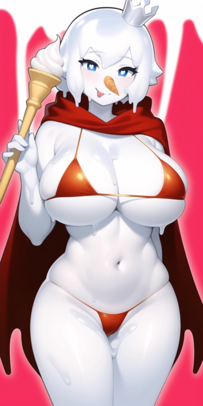 ai_generated big_breasts bikini blue_eyes cape carrot_nose crown food_creature ice_cream knightnyan looking_at_viewer melting mixue mixue_(character) red_background short_hair staff standing tongue white_skin ไอติมj3k