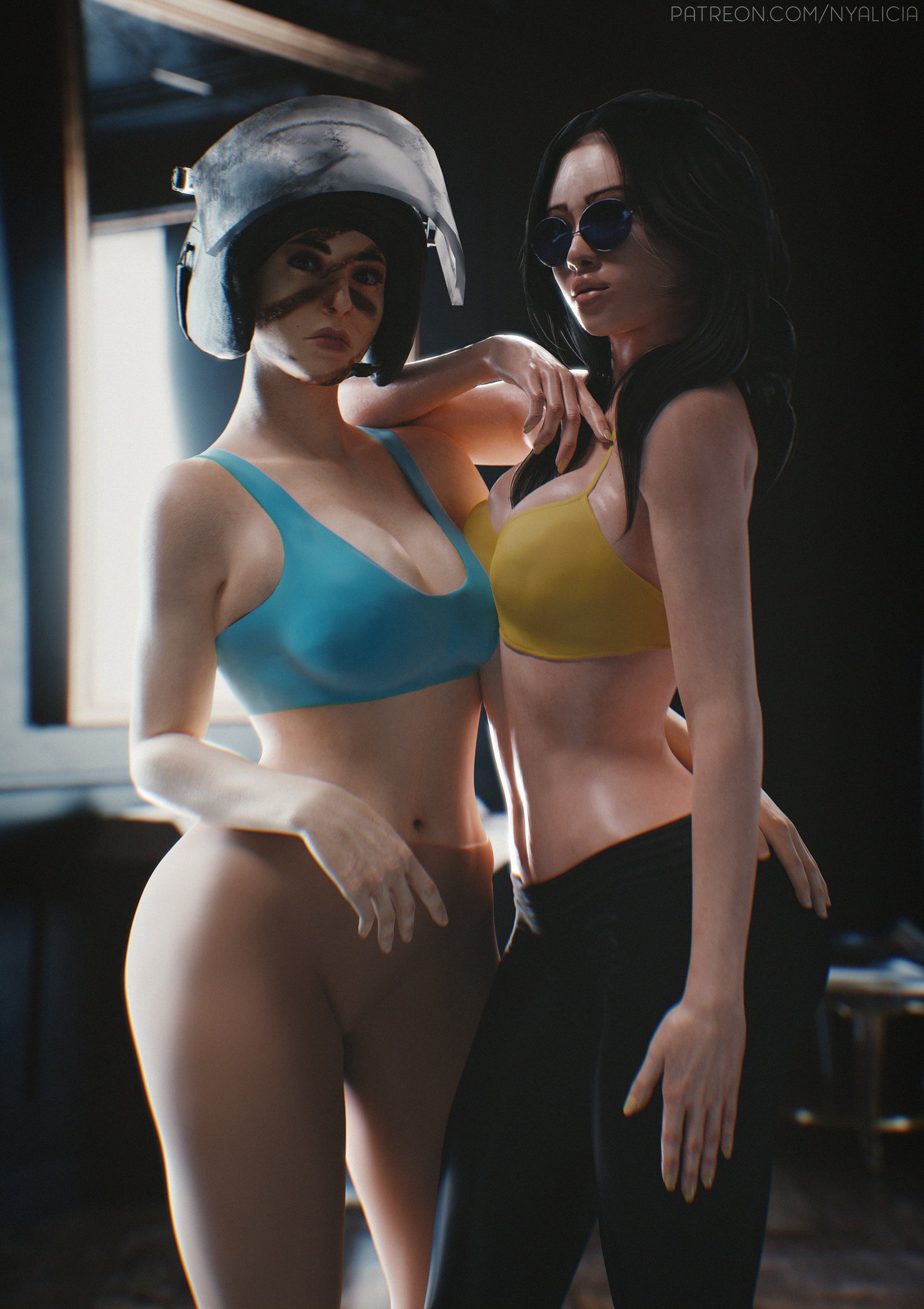 2019, 2girls, 3d, blender, breasts, cleavage, dokkaebi (rainbow six), female, female only, mira (rainbow six), nyalicia, rainbow six, rainbow six siege, sports bra, sunglasses, tinted eyewear, tom clancy, white skin, yoga pants