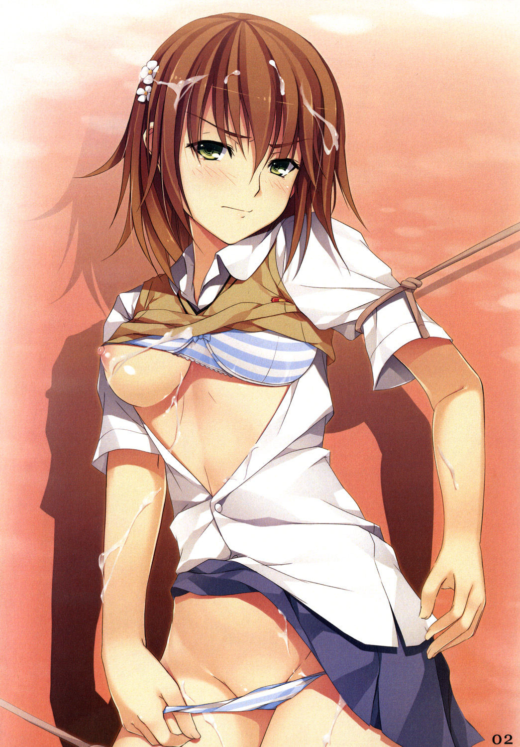 biribiri blush bondage bound breasts cum cum_on_arm cum_on_body cum_on_breasts cum_on_hair cum_on_thighs electricity female hair_ornament hairpin highres homura_k looking_at_viewer misaka_mikoto nipples panties solo striped striped_panties sweater_vest to_aru_kagaku_no_railgun to_aru_majutsu_no_index underwear undressing