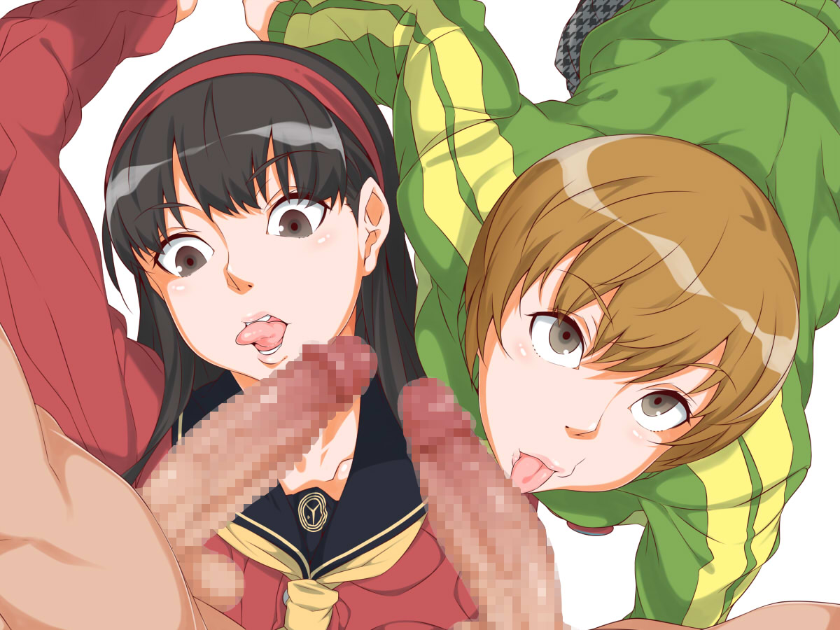2boys, 2d, 2girls, amagi yukiko, artist request, atlus, black hair, brown hair, censored, cock hungry, erection, fellatio, female, female focus, hairband, imminent fellatio, imminent oral, jacket, licking penis, looking at viewer, male, male/female, mosaic censoring, multiple boys, multiple females, multiple girls, multiple males, oral, penis, persona, persona 4, satonaka chie, sega