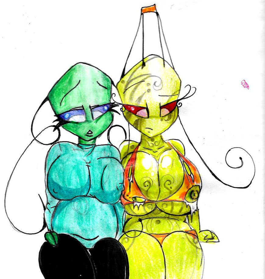 3_fingers alien anonymousinvader24 antennae aqua belly big_belly big_breasts bikini blue_eyes breasts duo fan_character female female_only green_skin hips huge_breasts humanoid invader_zim irken large_breasts leaning markings nipples red_eyes sideboob swimsuit thick thick_thighs thighs traditional_media traditional_media_(artwork) underboob watercolor_(artwork) white_background wide_hips yellow_skin yuri zisha