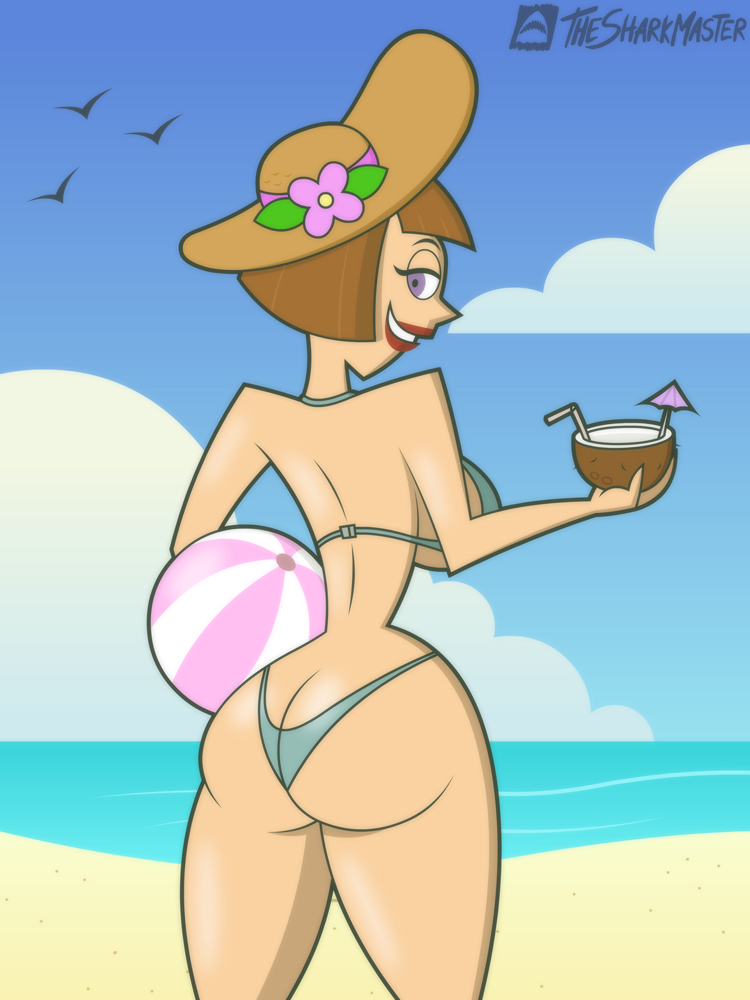 1girls ass back_view beach bikini brown_hair danny_phantom dat_ass female female_only human lizardsharkragon madeline_fenton purple_eyes smile solo