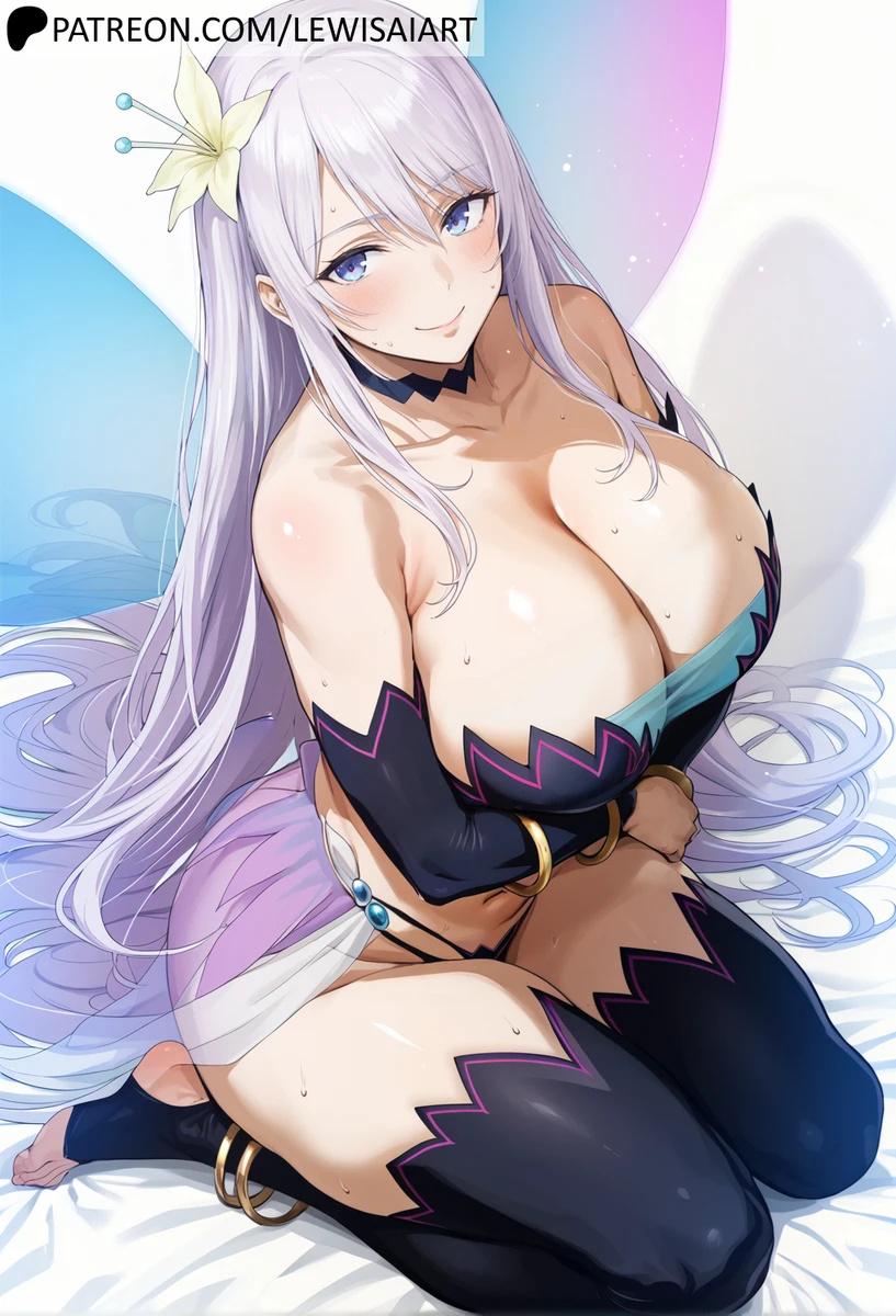 ai_generated bare_thighs blue_eyes fairy fairy_wings flower_in_hair gigantic_breasts huge_breasts huge_thighs kisaragi_reona kyuukyoku_shinka_shita_full_dive_rpg_ga_genjitsu_yori_mo_kusoge_dattara lewisai light-skinned_female light_skin long_hair looking_at_viewer massive_breasts smiling solo_female squatting sweat sweatdrop thick_body thick_female thick_thighs thighs voluptuous voluptuous_female white_hair