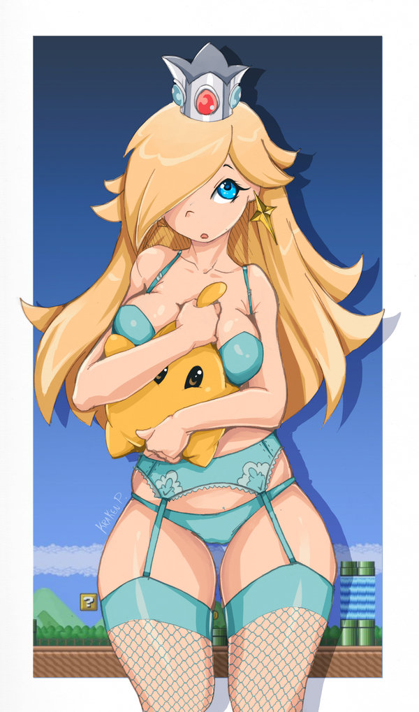 1girls 1other curvy cute female female_focus hugging krakenparty lingerie long_hair luma mario_(series) nintendo princess_rosalina standing super_mario_bros. super_mario_galaxy underwear underwear_only