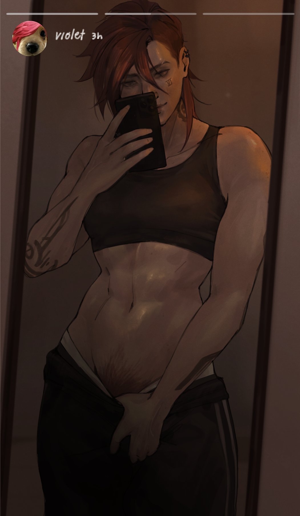 1girls, abs, arcane, arcane vi, arm tattoo, athletic, athletic female, carpet matching drapes, clothed female, earrings, face tattoo, female, female only, hairy pussy, happy trail, instagram story, kahelmoan, league of legends, medium hair, mirror, mirror selfie, muscular, muscular female, neck tattoo, nose piercing, nose ring, pink hair, pubic hair, pubic hair peek, pulling down pants, selfie, sports bra, tattoo, tattoos, tomboy, toned, toned female, vi