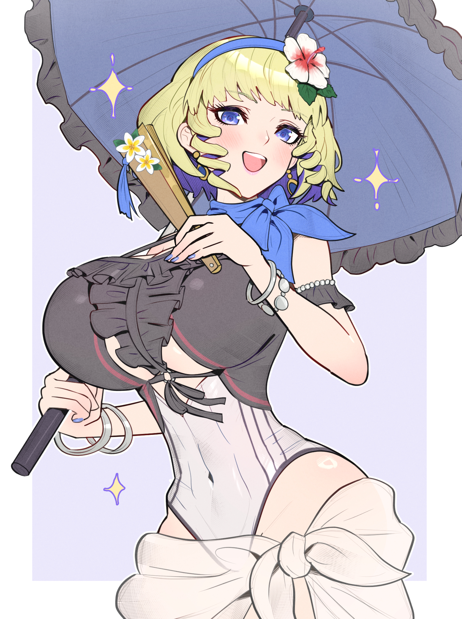 1girls, alternate breast size (larger), black one-piece swimsuit, blonde hair, blue eyes, blue hair, blue nails, blush, breasts, cleavage, colored inner hair, constance von nuvelle, constance von nuvelle (summer), covered navel, drill hair, female, female only, fire emblem, fire emblem heroes, flower, folding fan, gonzarez, hair flower, hair ornament, hairband, hand fan, highres, holding, holding fan, holding umbrella, huge breasts, jewelry, multicolored hair, nail polish, navel, nintendo, official alternate costume, one-piece swimsuit, open mouth, parasol, sarong, short hair, sidelocks, simple background, smile, solo, swimsuit, teeth, thighs, umbrella, underboob, white one-piece swimsuit, white sarong, wide hips