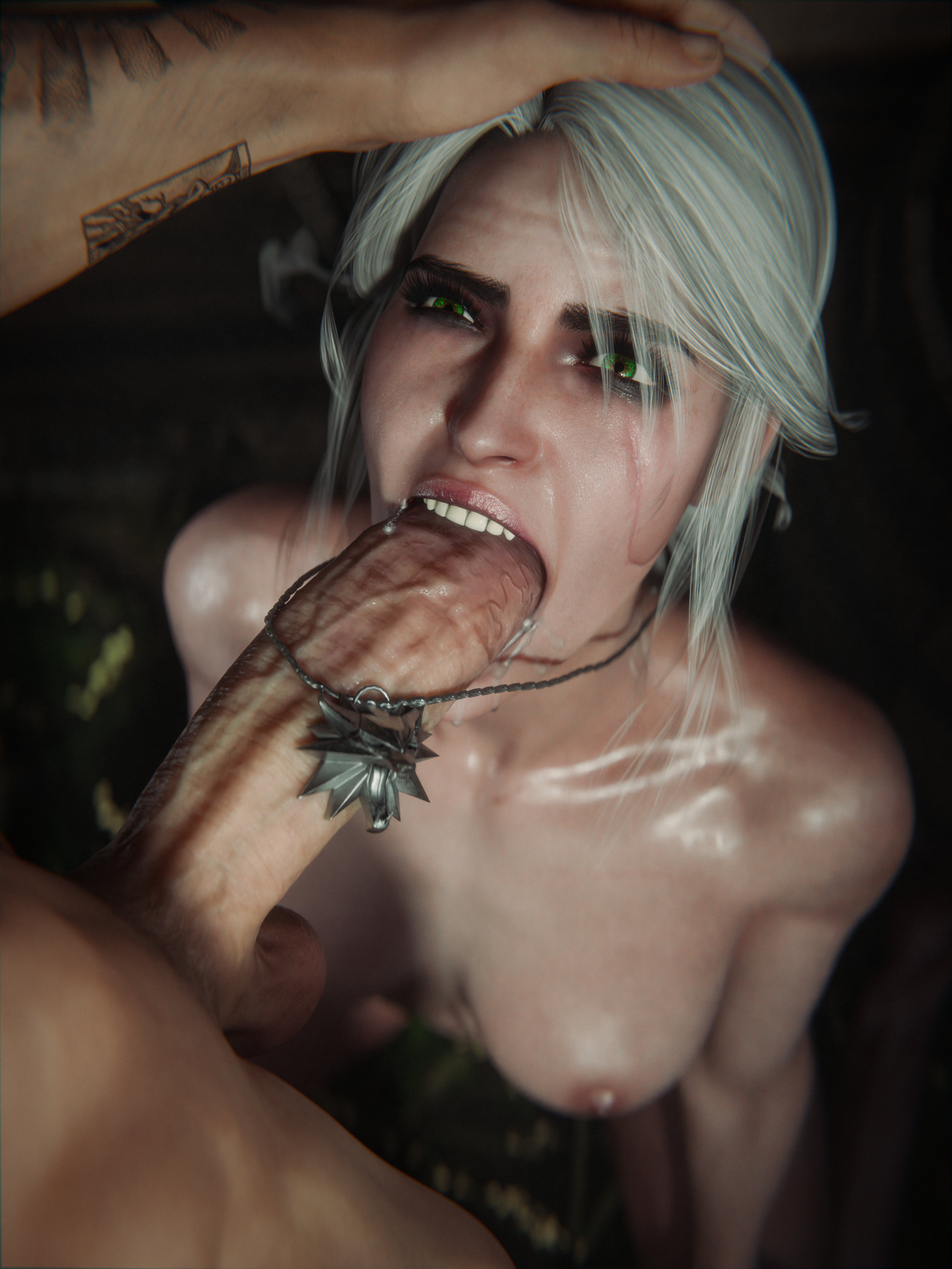 1boy, 1girls, 3d, big penis, blowjob, blowjob face, breasts, cd projekt red, ciri, completely nude, currysfm, fellatio, female, freckles, freckles on face, green eyes, head grab, high resolution, highres, huge cock, indoors, kneeling oral position, large penis, light skin, light-skinned female, light-skinned male, male, male/female, mascara, necklace on penis, nipples, no watermark, nude, oral, oral sex, outdoors, penis, scar, sucking, sucking penis, tattoo, the witcher (series), the witcher 3: wild hunt, veiny penis, white hair, witcher medallion