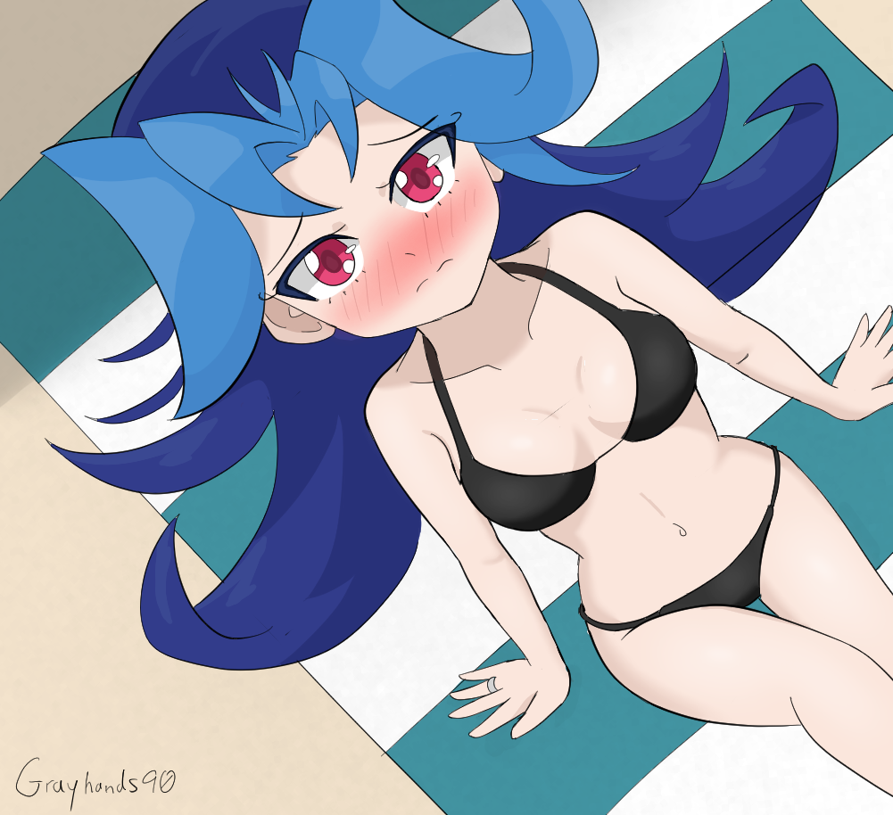 1girls beach_background bikini blue_hair blush female female_only grayhands90 kamishiro_rio looking_at_viewer looking_up navel nervous_sweat pose red_eyes rio_kamishiro shy solo white_skin yu-gi-oh! yu-gi-oh!_zexal