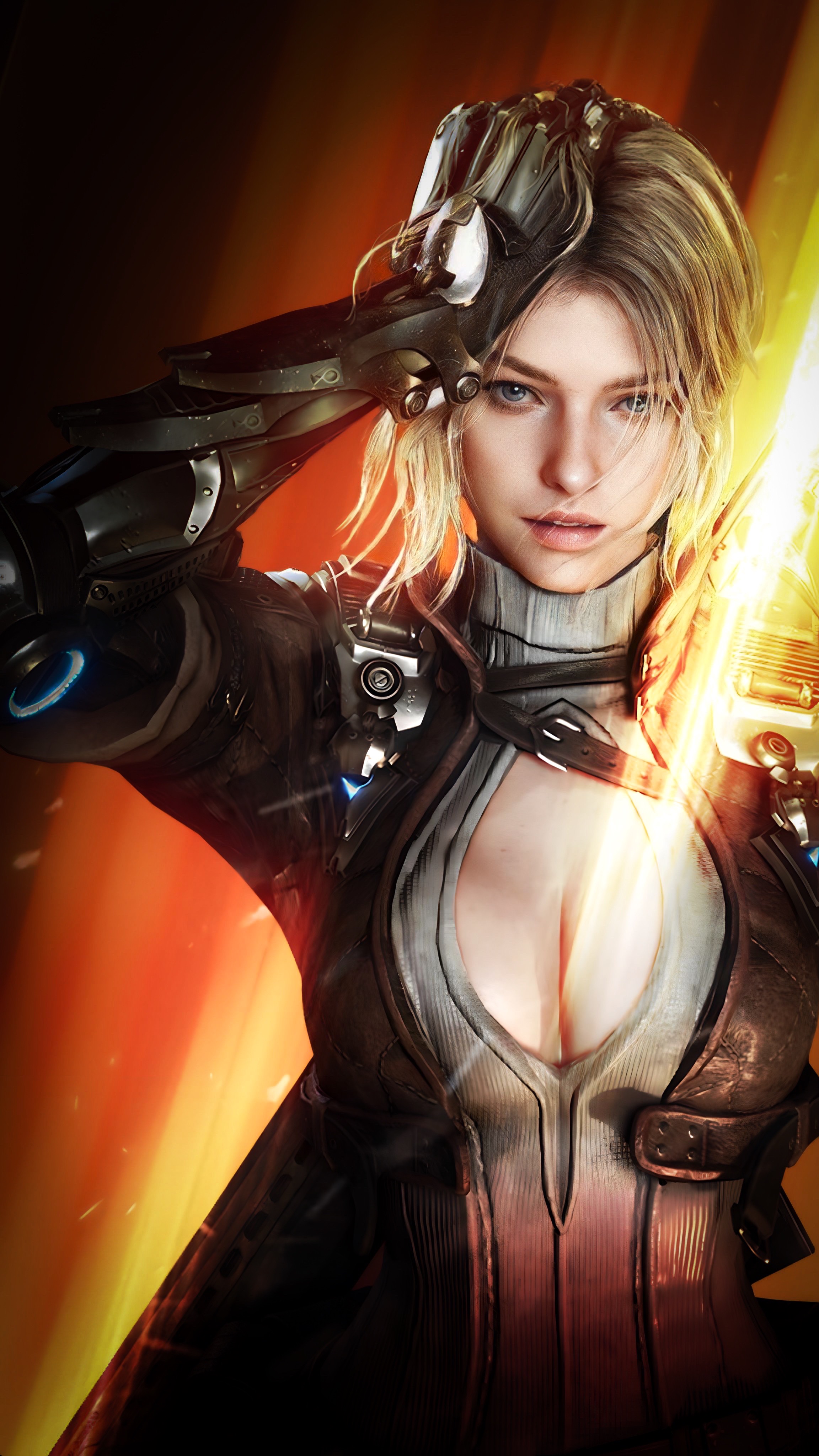 1girls, blonde hair, boob window, breast window, breasts, cleavage, cleavage cutout, cleavage window, clothed, female, female focus, female only, green eyes, large breasts, lens flare, light skin, light-skinned female, looking at viewer, official art, solo female, tagme, the first descendant, viessa (the first descendant)