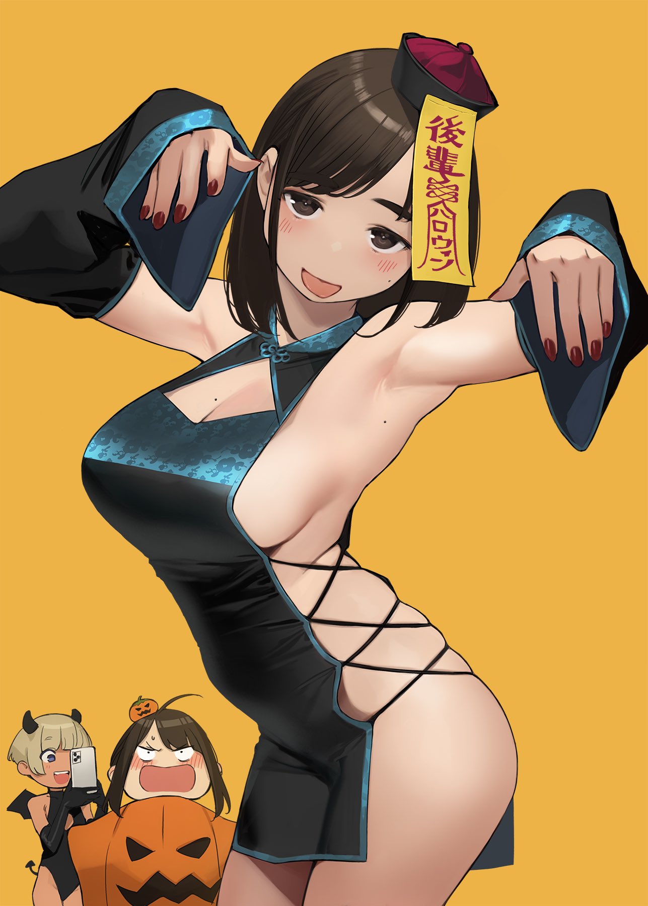 big_breasts bra curvy_figure dark_hair female female_only full_body half-dressed half_naked jiangshi_costume light-skinned_female light_skin looking_at_viewer panties shiny_skin short_hair simple_background smile solo solo_female yomu_(sgt_epper)