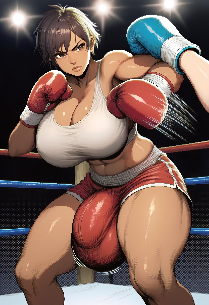 1futa, abs, ai generated, big balls, big breasts, big penis, boxing, boxing gloves, boxing ring, boxing shorts, brown hair, bulge, bulge through clothing, cleavage, dickgirl, futa focus, futa only, futanari, huge balls, lips, original character, pixel art, shorts, sudospritez, tank top, thick thighs, tomboy, toned