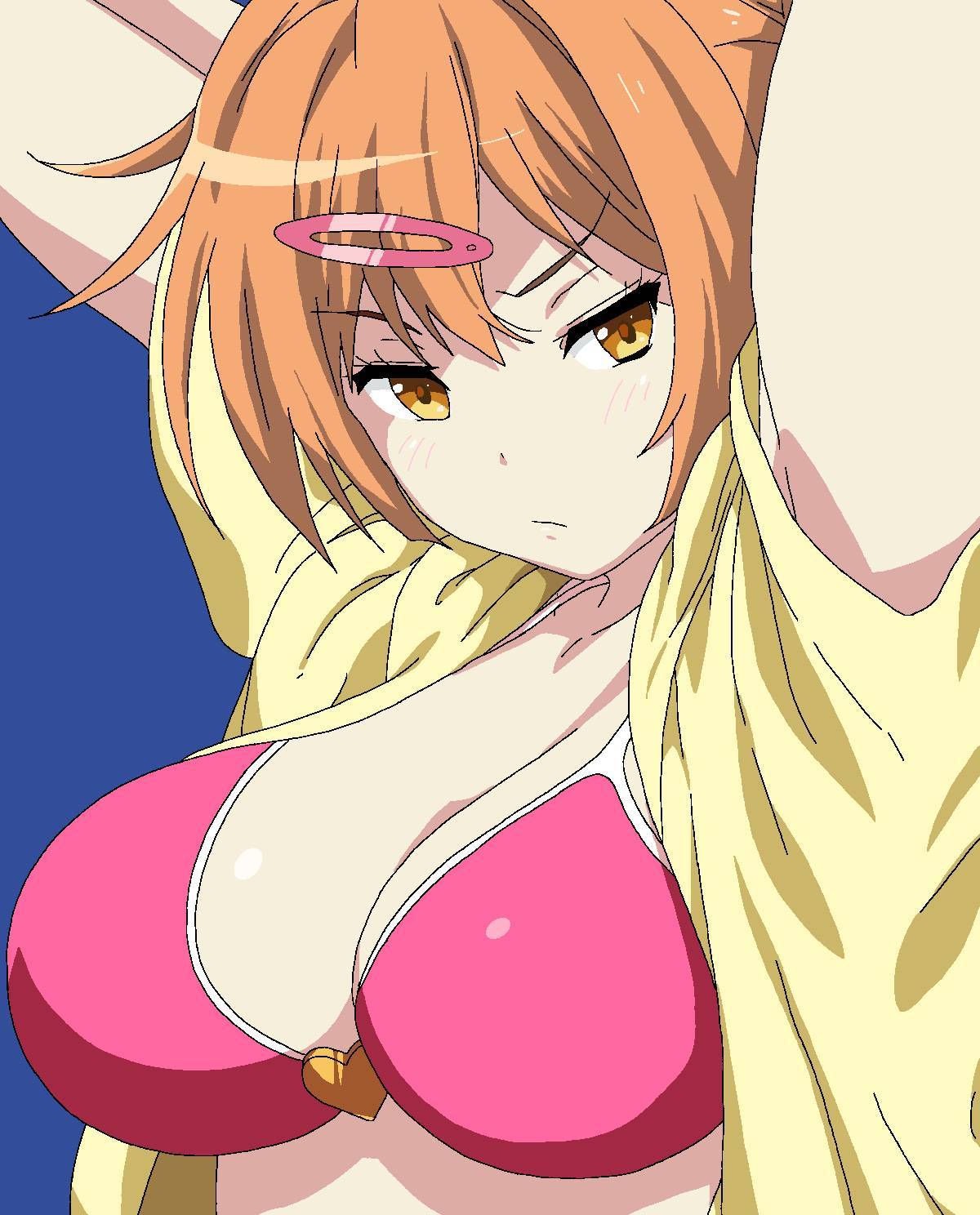 1girls armpit_peek arms_behind_head big_breasts bikini breasts brown_eyes brown_hair busty chuunibyou_demo_koi_ga_shitai! cleavage female female_only half-closed_eyes highres jacket large_breasts looking_at_viewer nibutani_shinka open_clothes open_jacket pink_bikini pose posing seductive seductive_look sensual solo swimsuit voluptuous