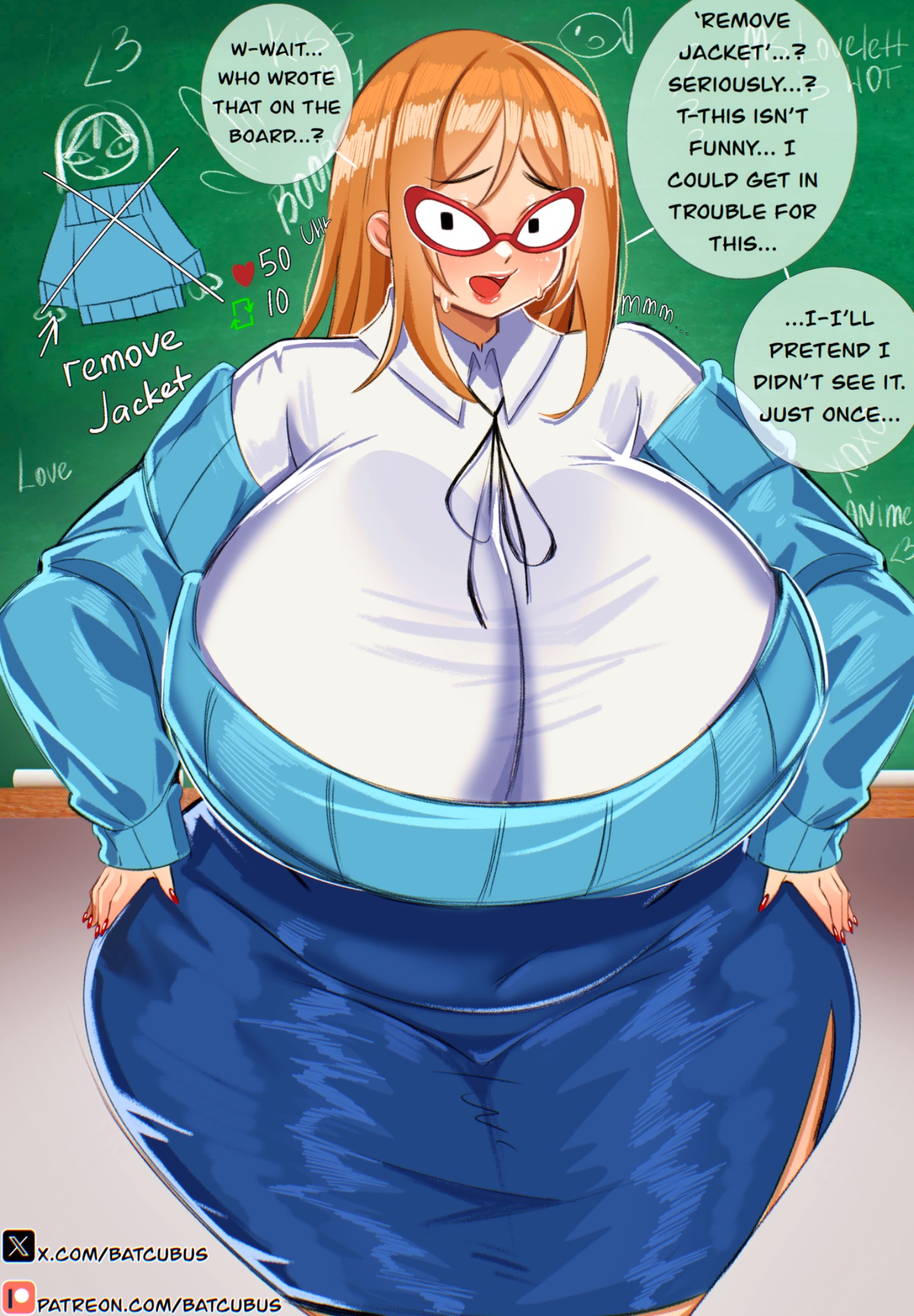 1girls, batcubus, breasts, english text, female, female focus, female only, glasses, hyper, hyper ass, hyper breasts, kindergarten (game), kindergarten 3, large breasts, light skin, light-skinned female, looking at viewer, ms. lovelett, skirt, solo, text, thick thighs, thighs, venus body, wide hips