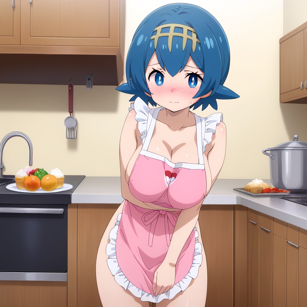 1girls, ai generated, alternate breast size, apron, apron only, blush, blushing, blushing at viewer, breasts, embarrassed, female, female only, huge breasts, human, lana (pokemon), large breasts, looking at viewer, naked apron, nude, pokemon, pokemon sm, solo, tagme