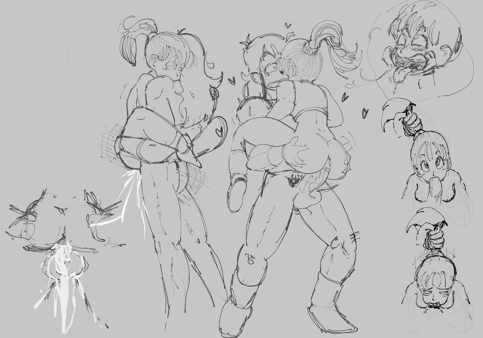 ass, ass grab, breasts, bulma, bulma (dragon ball), bulma briefs, closed eyes, crossed legs, cum in pussy, cum inside, cumming, cumming in ass, cumming in mouth, cumming in pussy, dragon ball, drooling, holding female, holding hair, holding head, holding ponytail, kanporairten, muscular male, open eyes, open mouth, penis, penis in ass, penis in mouth, penis in pussy, penis on face, ponytail, sketch, surprised expression, tears, tears of pleasure, teenage bulma, tongue out, vaginal penetration, yamcha