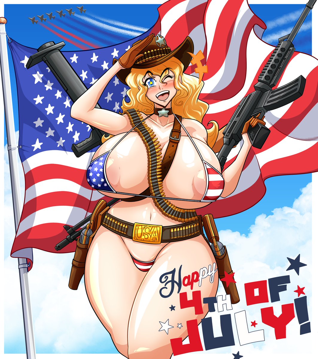 ! 4th_of_july america-chan american_flag_bikini belt big_breasts blonde_hair blue_eyes blush bullets cowboy_hat curvy curvy_figure female firearm gloves gun handgun headwear human kogeikun pale_skin revolver rifle swimwear thick_thighs uncensored_breasts usa_bikini weapon wide_hips