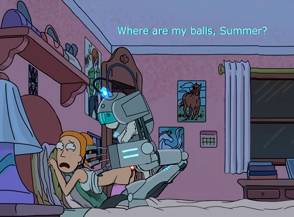 1girls accurate_art_style bent_over breasts canine clothing cyborg edit english_text female hair hamsy open_mouth orange_hair pale_skin pants_down ponytail pussy rape rick_and_morty scared shirt_up snuffles_(rick_and_morty) summer_smith text tied_hair vaginal_penetration