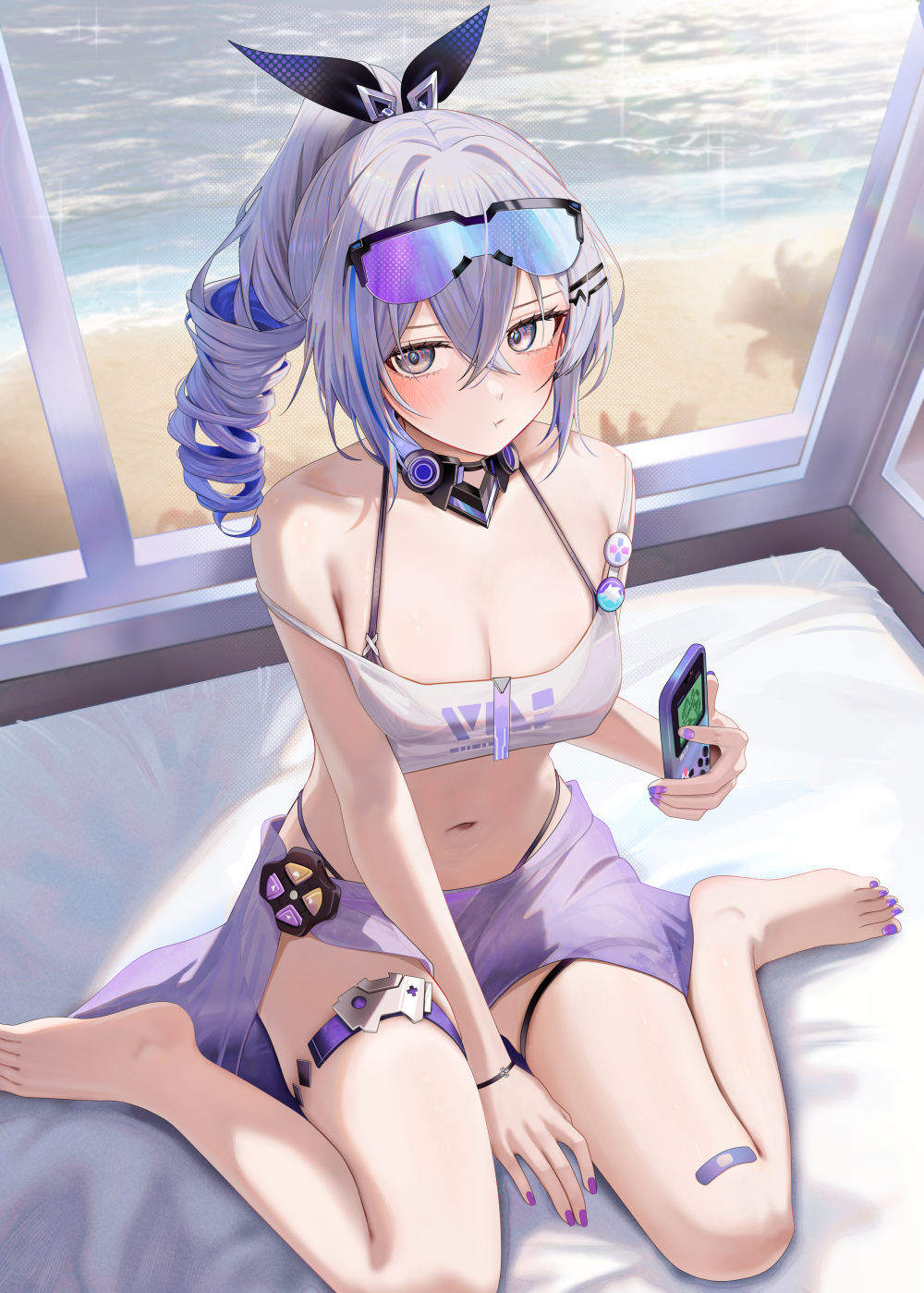 1girls beach blush gamer_girl gaming hair_ribbon honkai:_star_rail nail_polish ru_zhai silver_wolf_(honkai:_star_rail) sports_bra