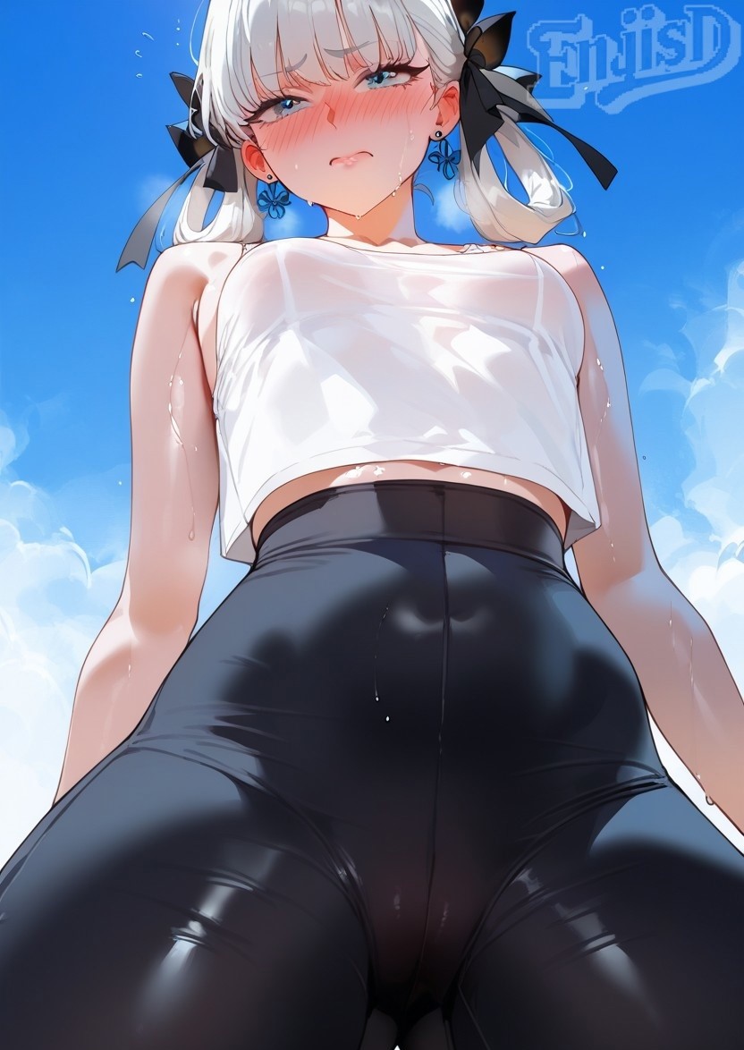 ai_generated camisole enjisd jinhsi_(wuthering_waves) sky small_breasts white_eyes white_hair white_topwear wuthering_waves yoga yoga_pants