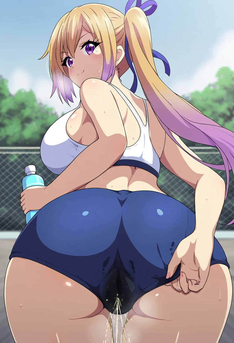 ai_generated ass ass_focus bare_legs big_ass big_breasts big_butt blonde_hair dat_ass fat_ass golden_shower gym_clothes gym_uniform hair_ribbon huge_breasts huge_thighs in_search_of_holy_water kawakami_mai light-skinned_female light_skin looking_back massive_breasts multicolored_hair musaigen_no_phantom_world peeing purple_eyes side_ponytail smiling squatting sweat sweatdrop thick_thighs thighs urinating urinating_female urination urine voluptuous voluptuous_female