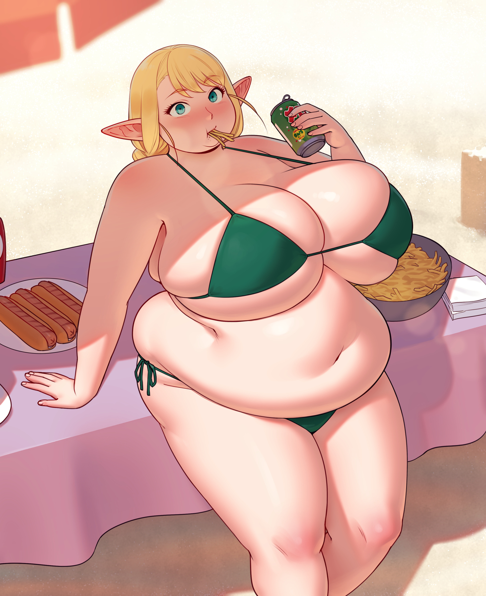 1girls 2024 bbw beach belly better_with_salt bikini blonde_hair breasts elf elf-san_wa_yaserarenai elf_ears elf_female elfuda female female_focus green_eyes hi_res high_resolution highres hips huge_belly huge_breasts overweight overweight_female solo solo_female solo_focus swimsuit thick_thighs thighs wide_hips