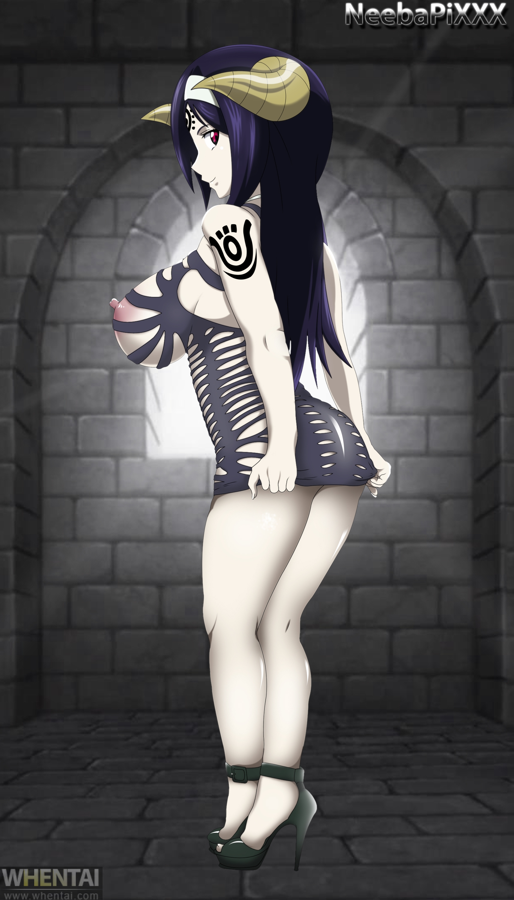 1girls, black tattoo, demon, fairy tail, female, female only, neeba, nude, purple hair, purple-haired female, seilah, shoulder tattoo, solo, tattoo, whentai
