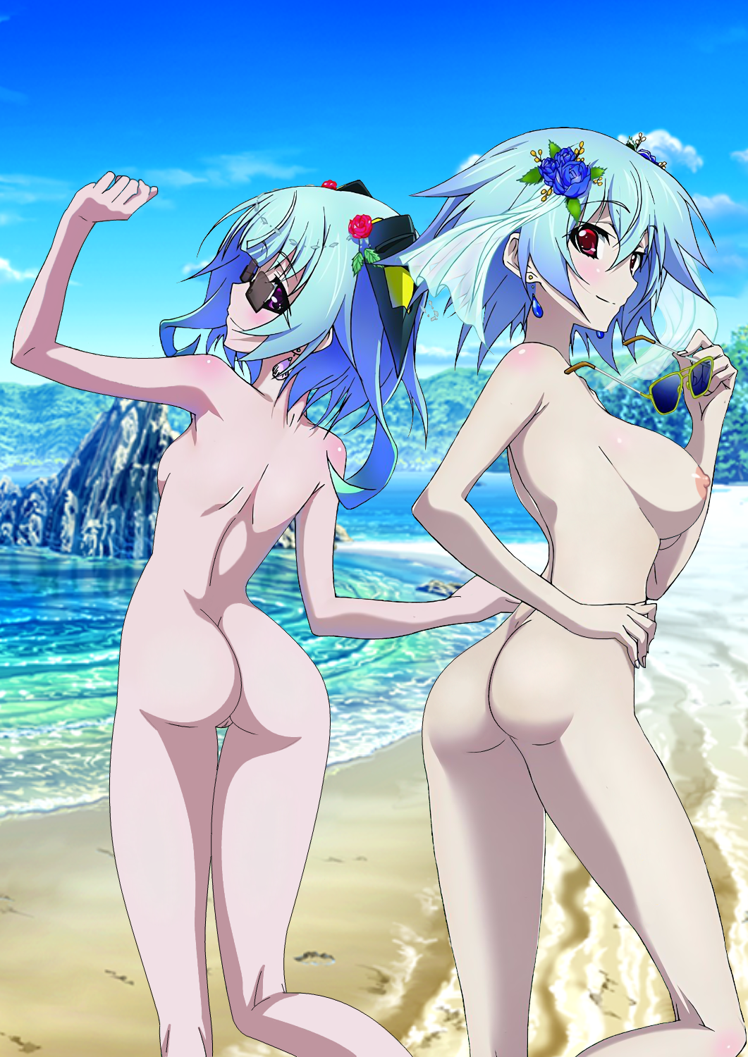 2girls ;) areolae beach blue_hair blush breasts earrings flower infinite_stratos multiple_girls nipples purple_eyes pussy red_eyes sarashiki_kanzashi sarashiki_tatenashi sea sideboob sisters sky sunglasses thigh_gap uncensored