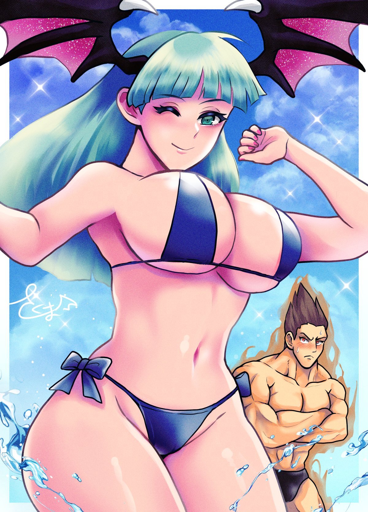 1boy 1girls breasts darkstalkers demitri_maximoff female male morrigan_aensland skm_nnm succubus swimsuit tagme